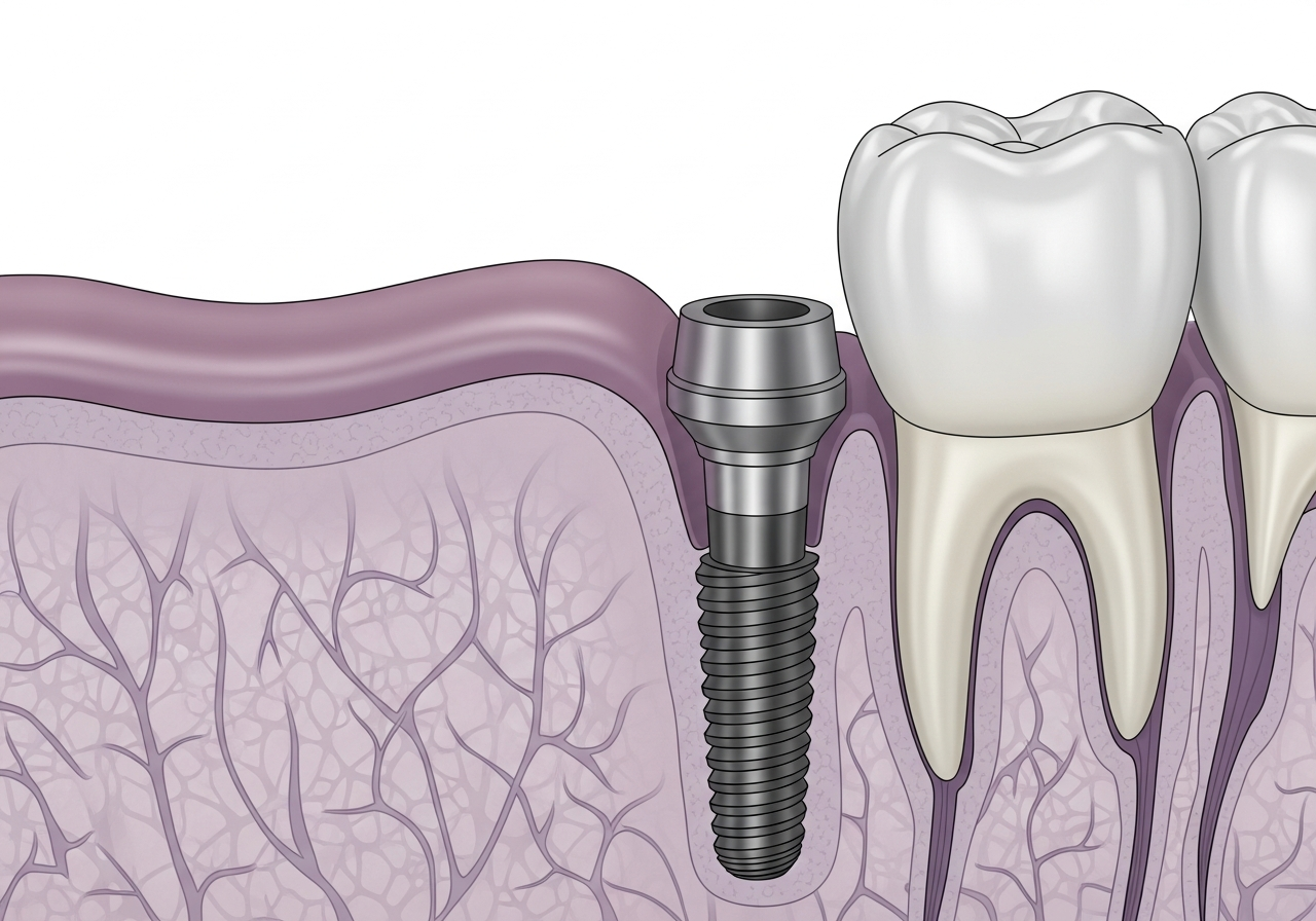 Dental implant illustration showing titanium post, abutment, and crown in jawbone
